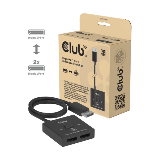 Club3D CSV-1009 DisplayPort 2-en-1 Switch bidireccional 8K
